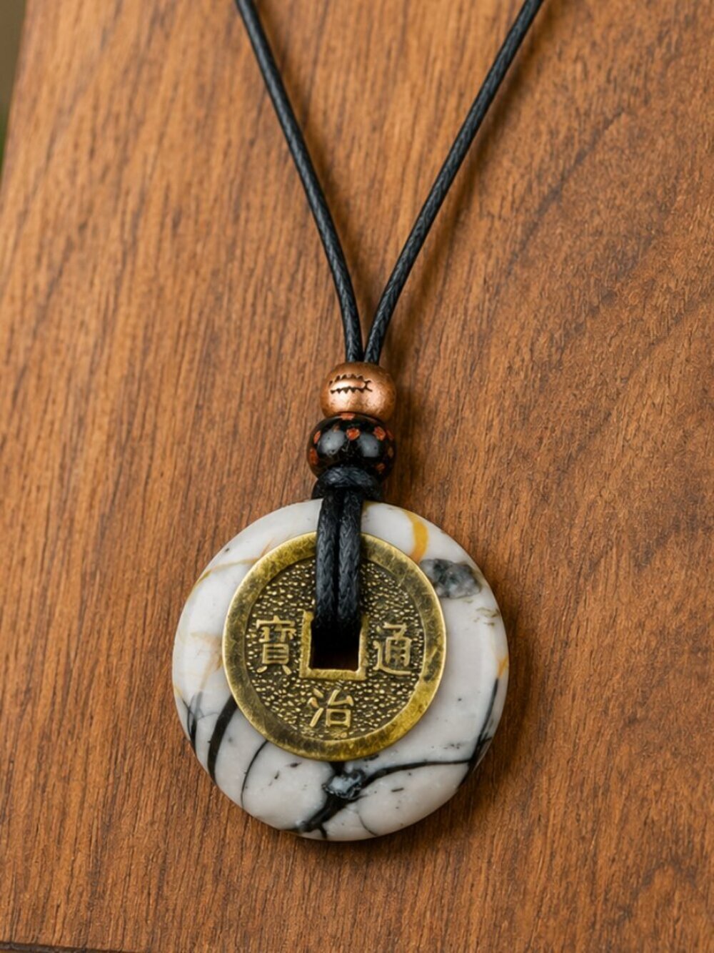 Picasso Jasper and Chinese Lucky Coin Pendant | Handmade